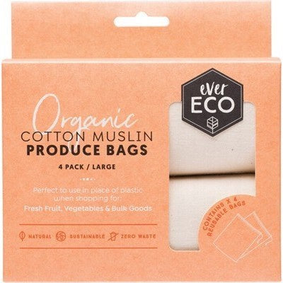 Produce Bags Organic Cotton Muslin 4 Pack - Wasteless Pantry Bassendean